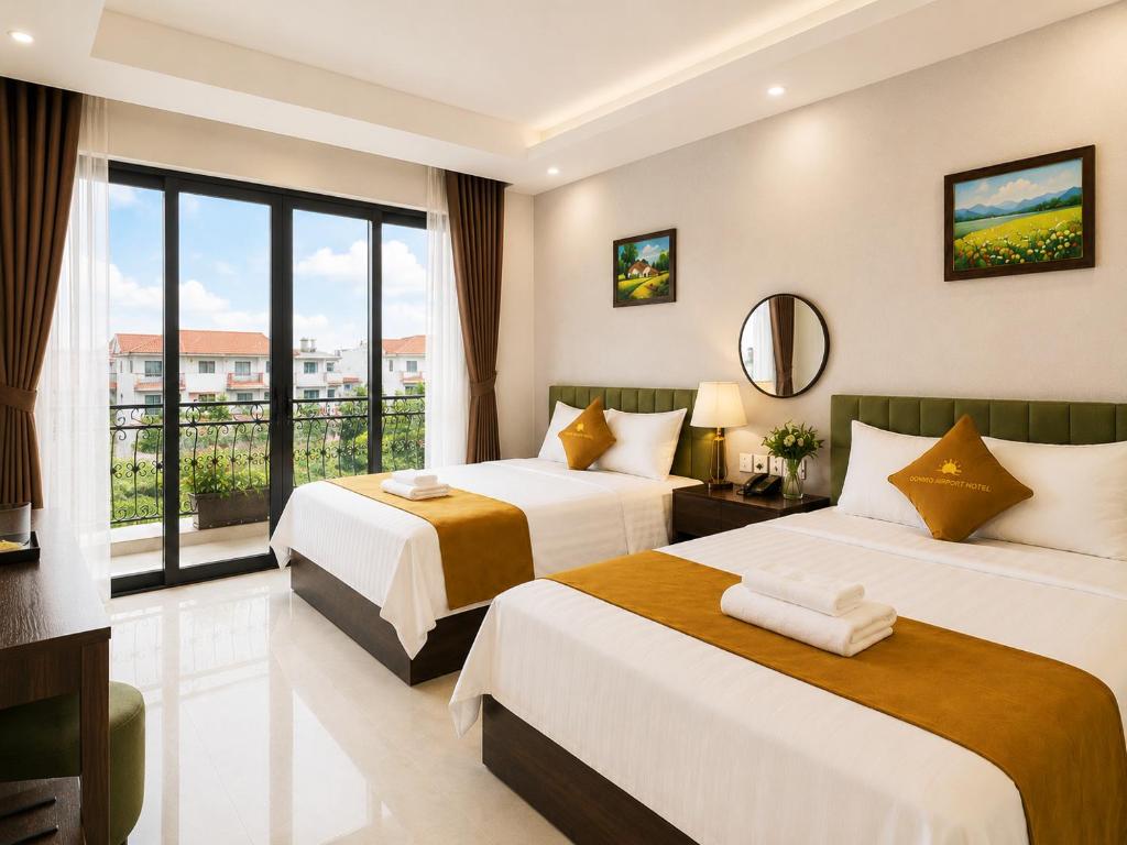 a hotel room with two beds and a window at Sunrise Airport Hotel Noi Bai in Noi Bai