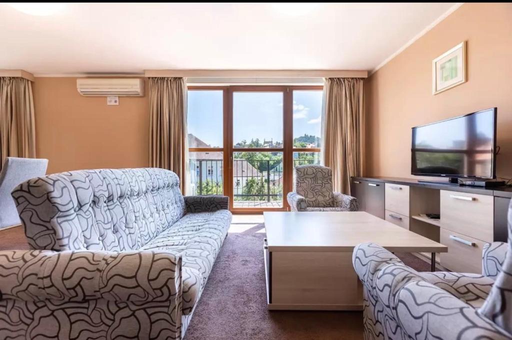 a living room with a couch and a tv at Teplice Plaza in Teplice