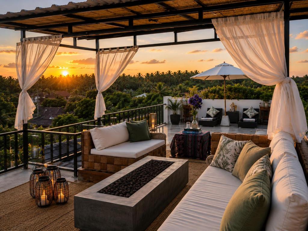 a living room with a couch on a balcony with the sunset at 20 off Special Brilliant Location in Seminyak
