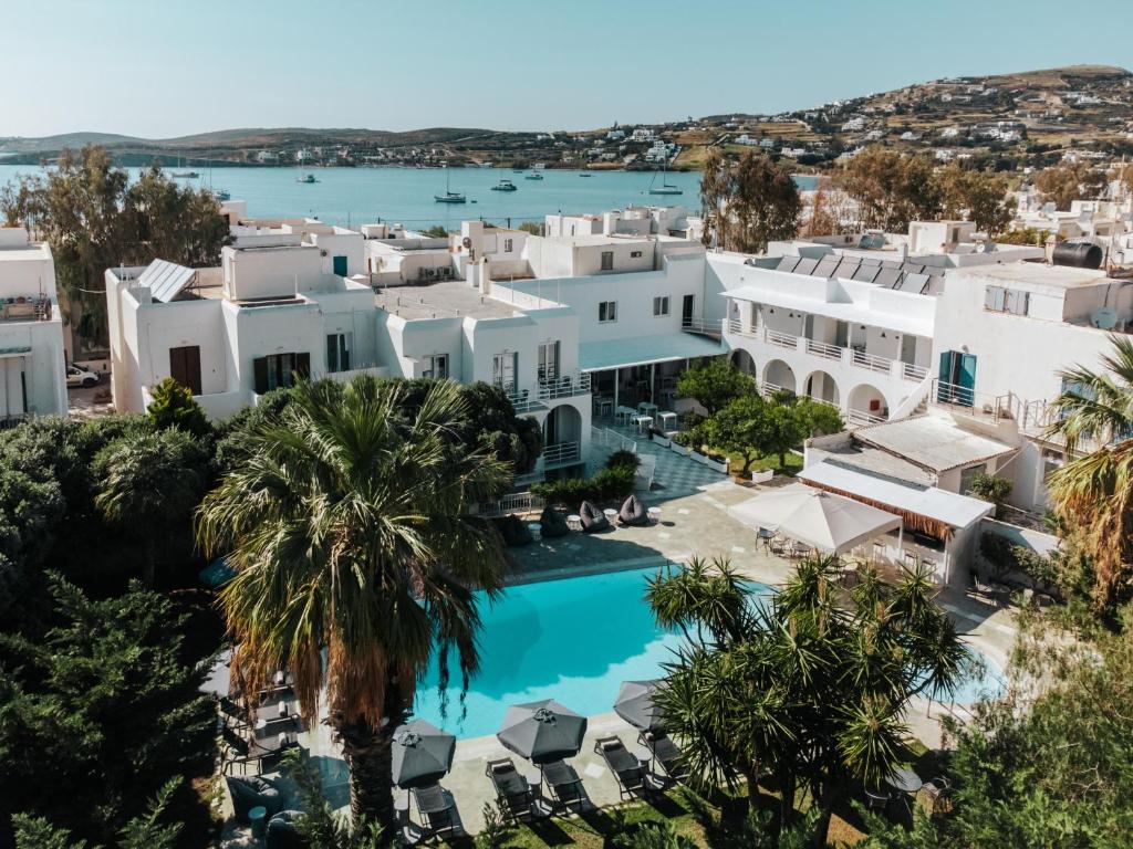 an aerial view of the villa and the pool at Polos Hotel Paros by GHH in Parikia