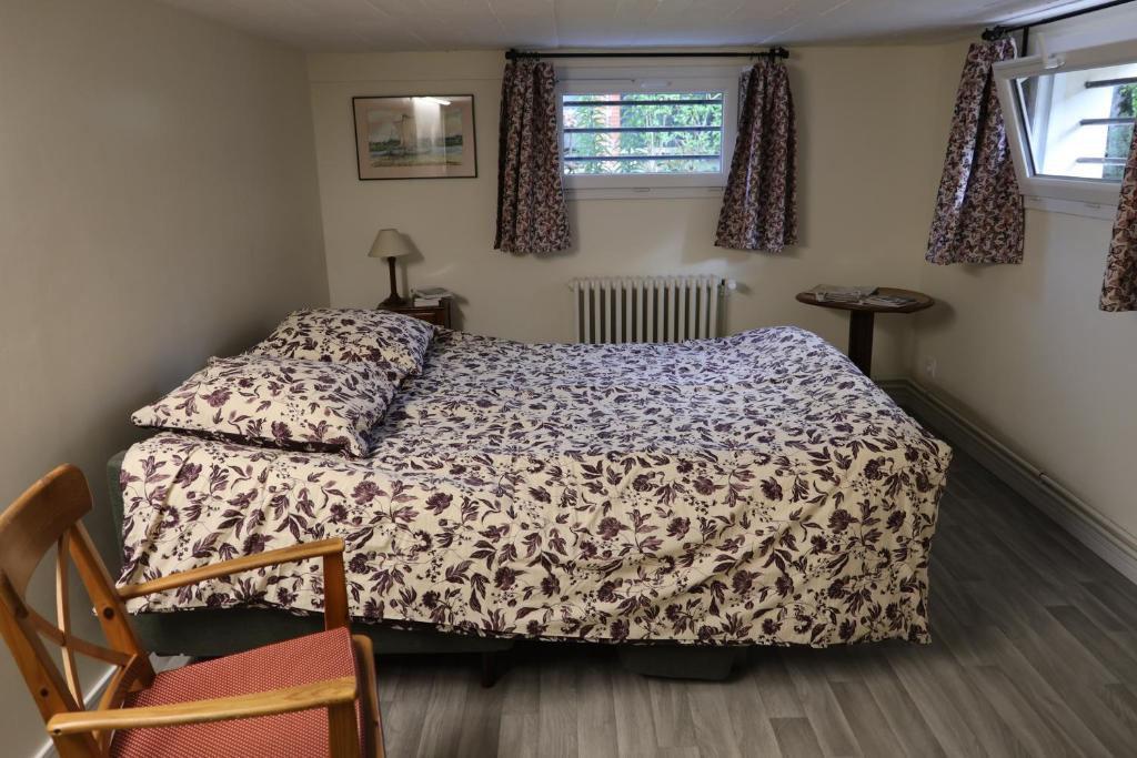 a bedroom with a bed and two windows at Accueil Porte-Dunoise in Orléans