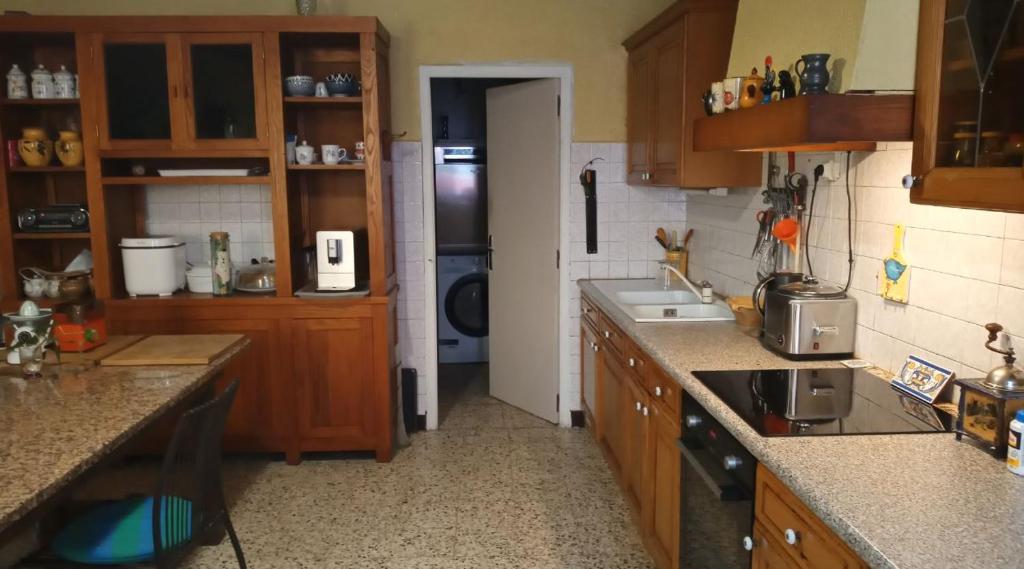 a kitchen with wooden cabinets and a sink and a refrigerator at Maison de village commingeoise in Miramont-de-Comminges
