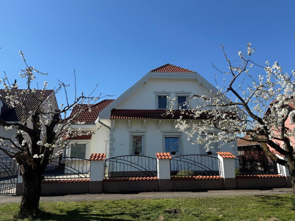 a white house with a tree in front of it at Kovács Vendégház in Bük