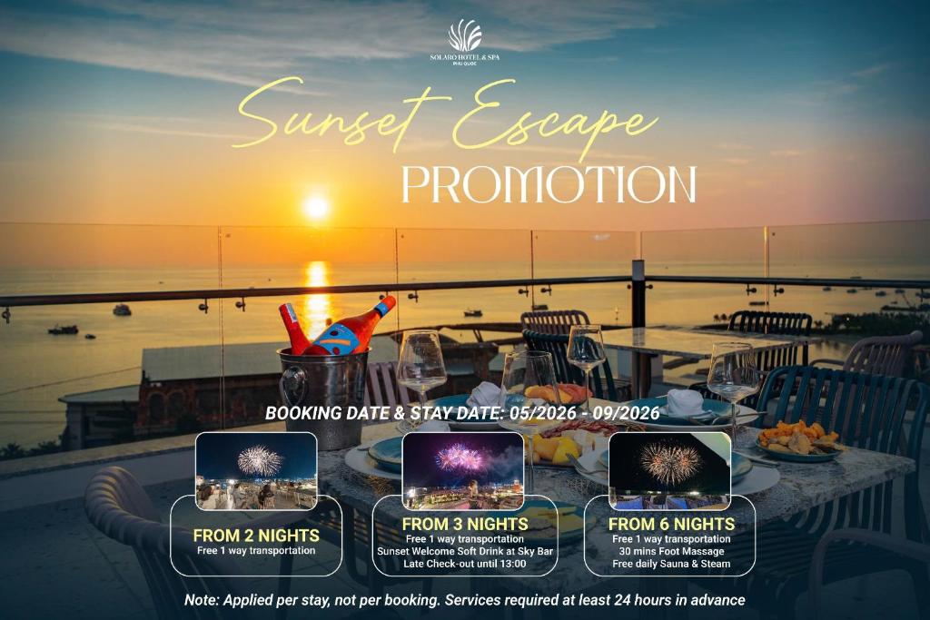 a sign that says sunset escape promotion with a table with food at Solaro Hotel & Spa Phu Quoc - Sunset Town Seaview & Fireworks in Phú Quốc
