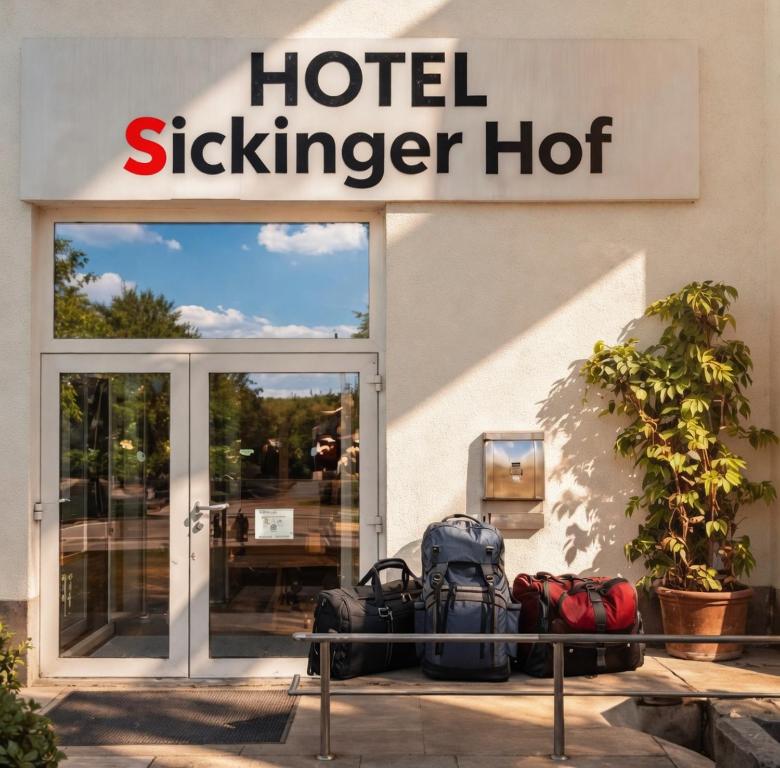 a hotel sign with luggage sitting outside of a building at Hotel Sickinger Hof in Berlin