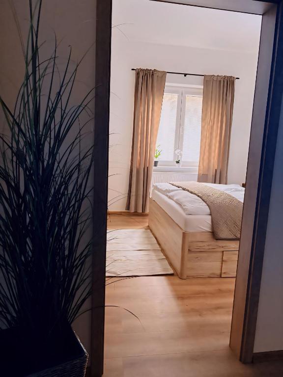 a bedroom with a bed and a large mirror at Serenity Apartment in Mariánské Lázně