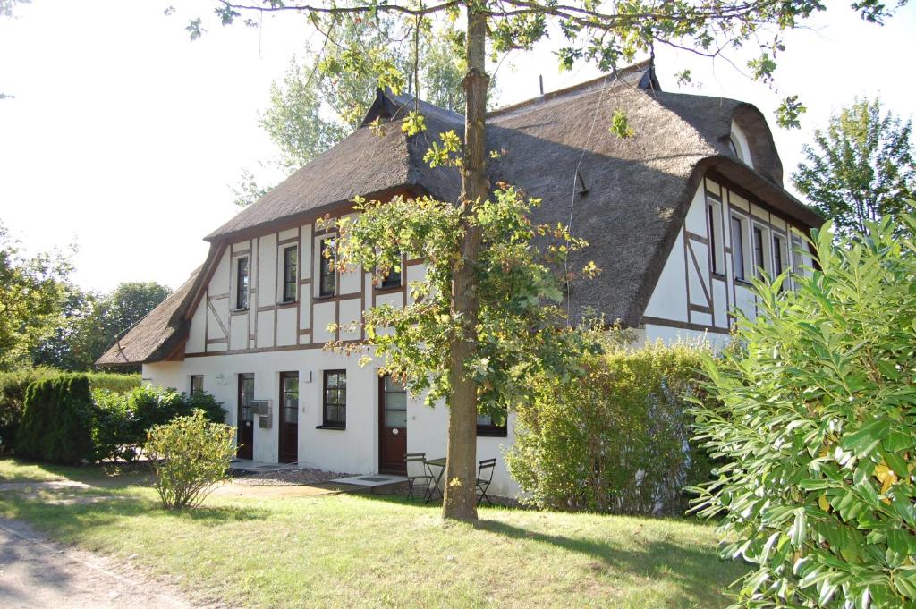 a large white house with a thatched roof at Anker Haus Sanddorn in Althagen