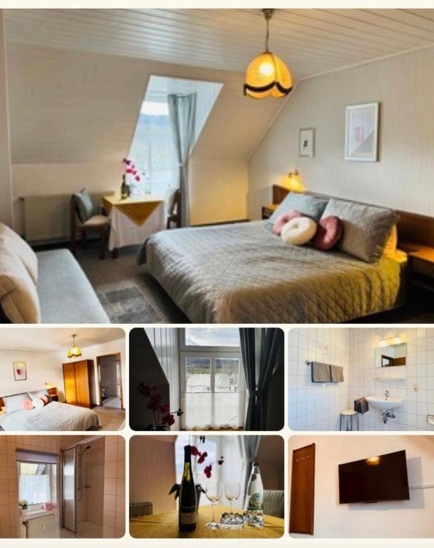 a collage of pictures of a bedroom with a bed at Historisches Winzerhaus Lieser in Lieser