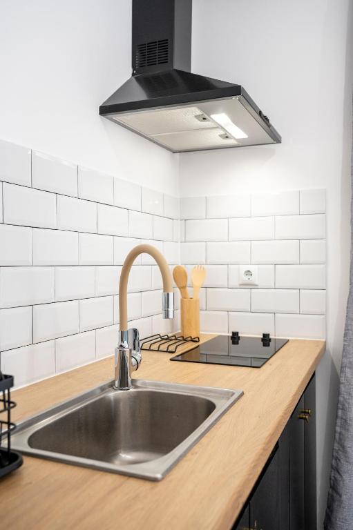 a kitchen with a stainless steel sink and a stove at Topfix Luxury Home 1 in Kos