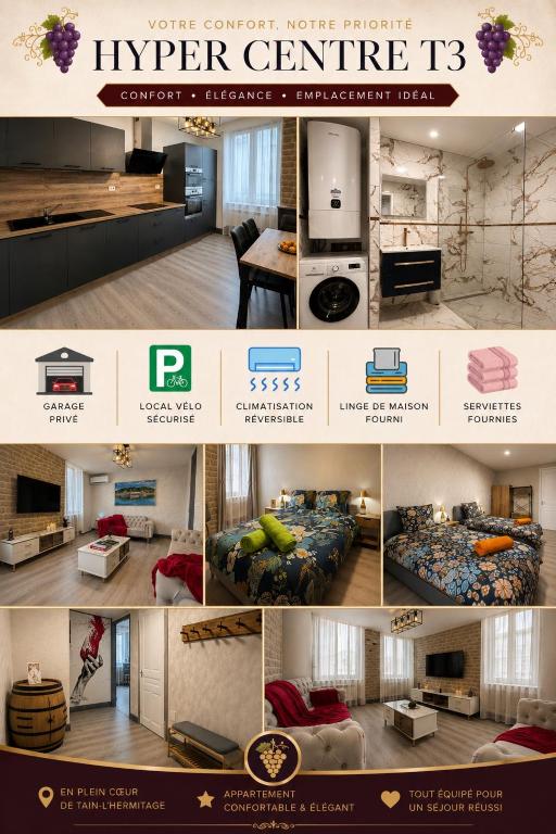 a collage of pictures of a living room and a kitchen at Tain centre -T3- wine themed apartment in Tain-lʼHermitage