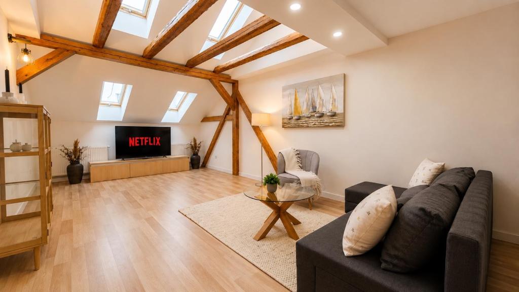 a living room with a couch and a tv at YFB I 130m2 Designwohnung mit 2 Bädern in Gera