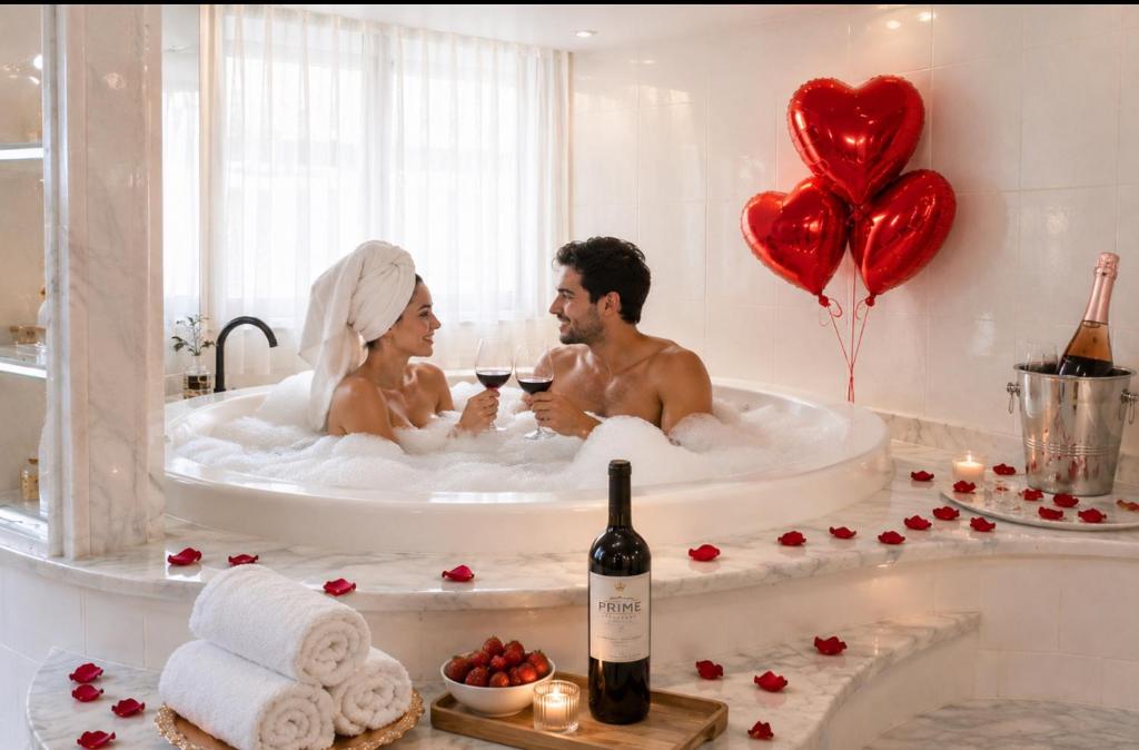 a bride and groom in a bath tub with glasses of wine at Pousada Jupter in Teresópolis