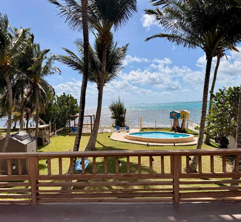a pool with a playground with palm trees and the ocean at Beachfront Spacious Home Private Luxury Pool in Rio Grande