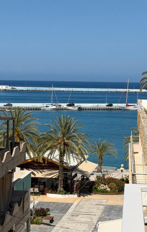 a view of a body of water with palm trees at Sitia Heights Apartment - Central Sea View in Sitia