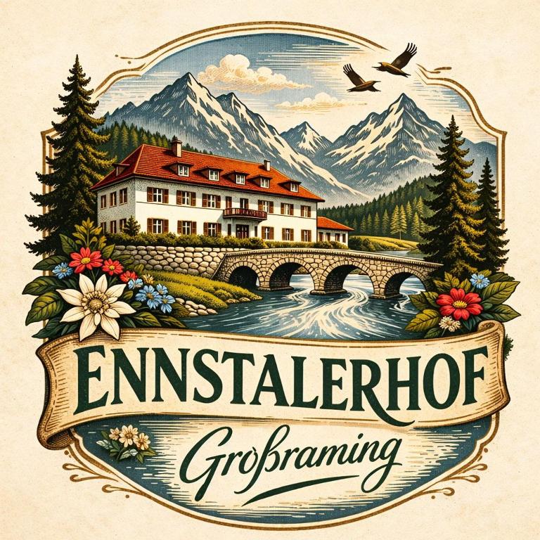 a drawing of a building on a bridge over a river at Ennstalerhof Hotel-Restaurant in Grossraming