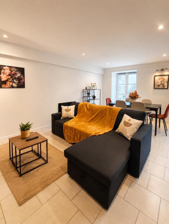 a living room with a couch and a table at Le Duplex Thionville centre Gare à pied in Thionville