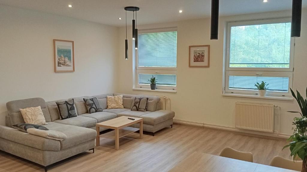 a living room with a couch and a table at Apartmán Istebné luxure in Istebné