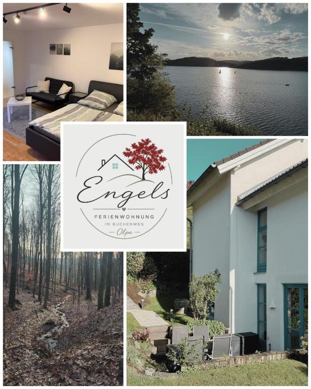 a collage of photos with a house and a lake at Ferienwohnung Engels in Olpe