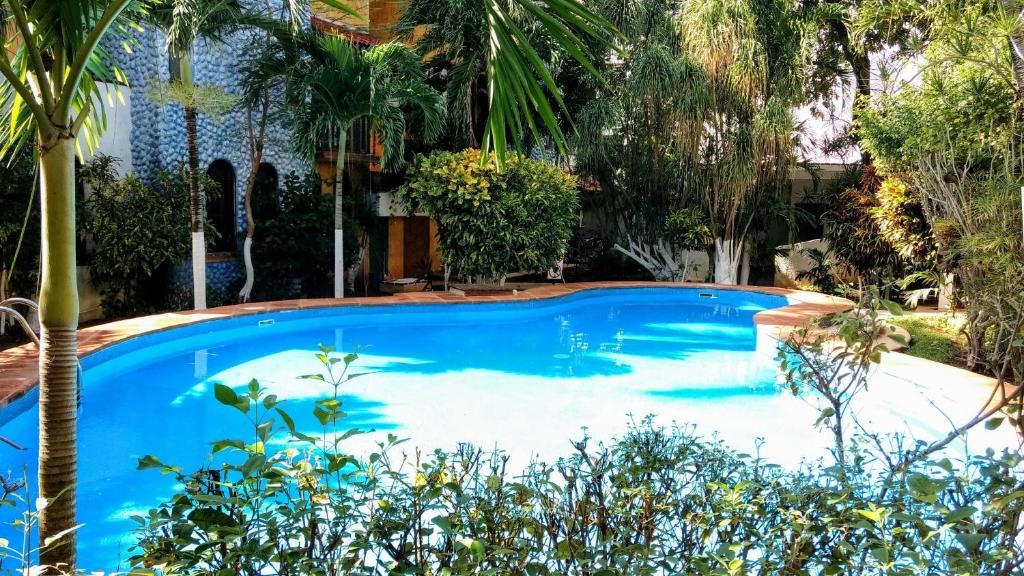 a large blue swimming pool with trees and plants at Maya Vacanze Playa Alegria in Playa del Carmen