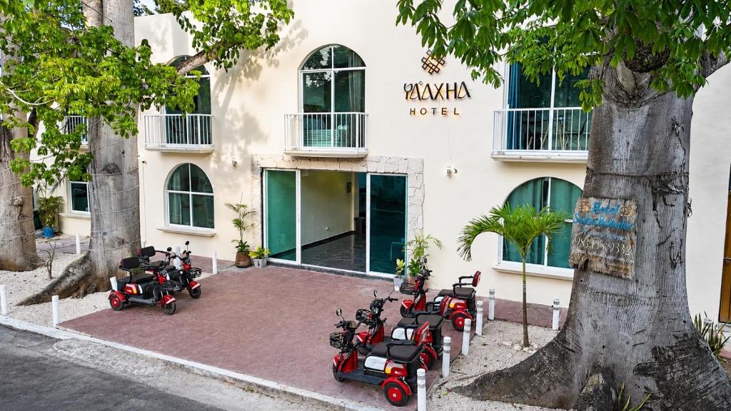 a group of scooters parked in front of a building at Hotel YA'AX HA' Bacalar in Bacalar