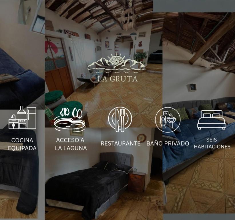 a collage of three pictures of a room with a bed at La Gruta Glamping in Fúquene