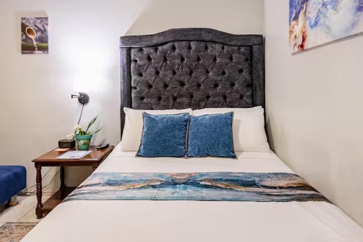 a bedroom with a large bed with blue pillows at Mona Master suite in Kingston