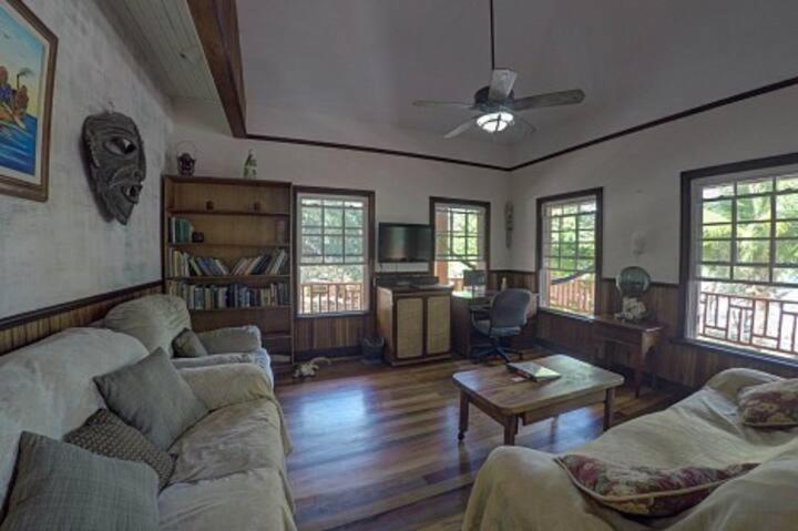 a living room with a couch and a table at Charming 2BR Beach House Ideal for Extended Stays in Placencia
