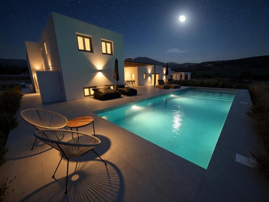 a villa with a swimming pool at night at Faragas Hill Oasis Villa in Angairiá