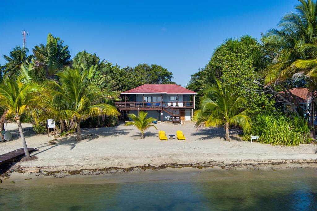 a house on a beach with palm trees and the water at Spacious Beachfront Family Home w Caribbean Views in Maya Beach