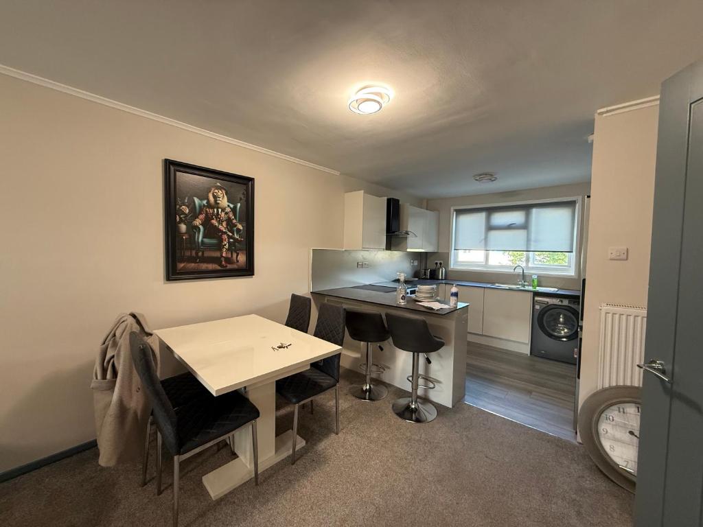 a kitchen with a table and chairs and a sink at Beautiful Spacious Flat in Oxford