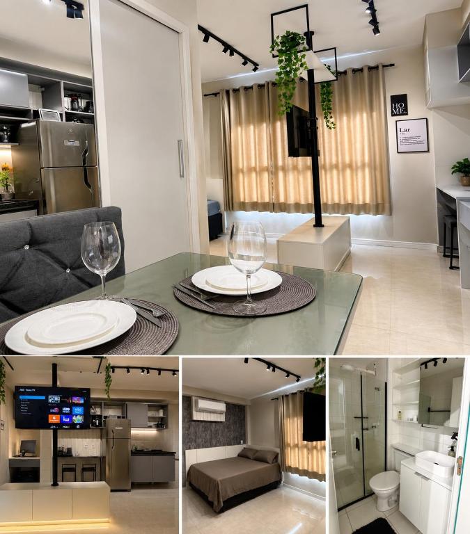 a collage of three pictures of a living room at Studio 44 Luxo Design Com Closet, Office e Ar in Mogi das Cruzes