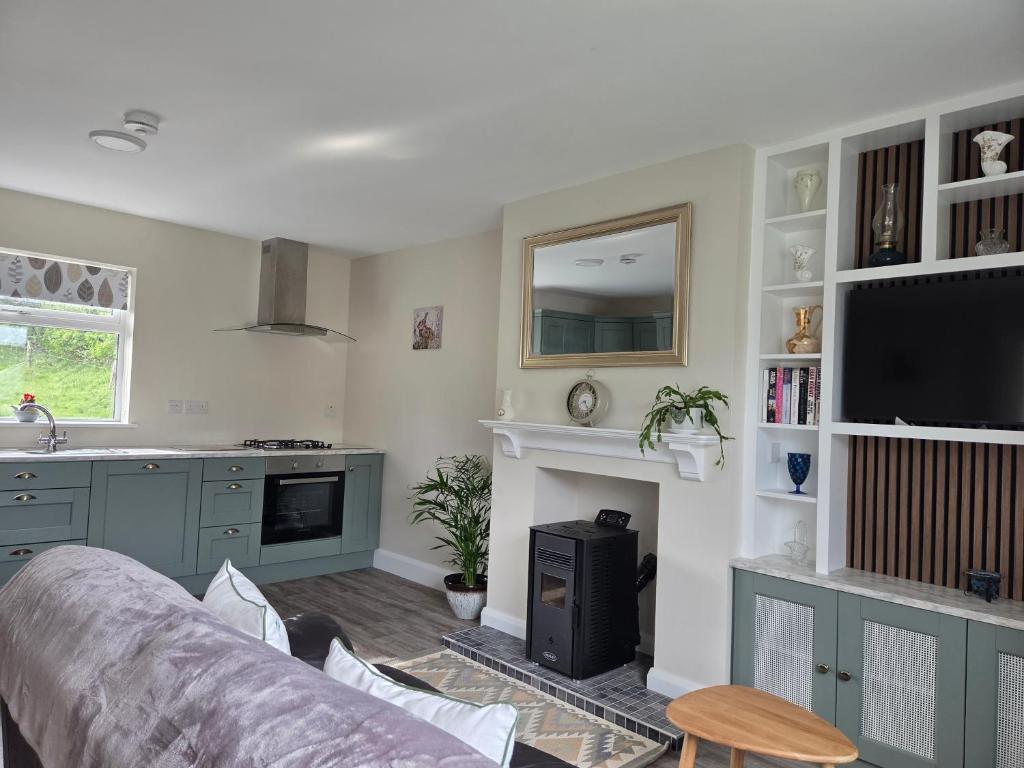 a living room with a couch and a fireplace at Meadow View in Kilkenny