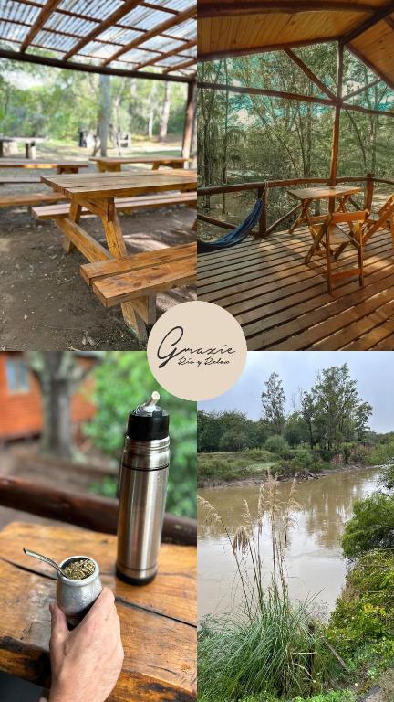 a collage of photos with a picnic table and a drink at Cabañas Grazie in Oliveros