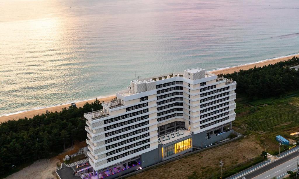 an aerial view of a building next to the beach at Gangneung Top Ocean in Gangneung
