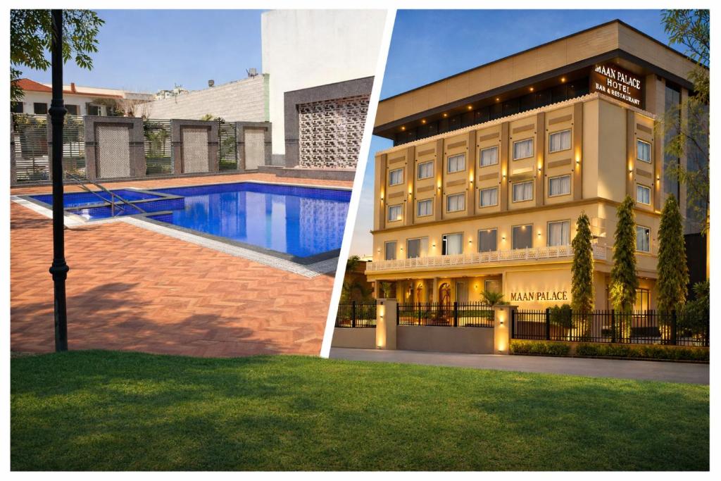 a hotel with a swimming pool next to a building at The Grand Maan Palace and Resort- Near Vaishali Nagar I New Building in Jaipur