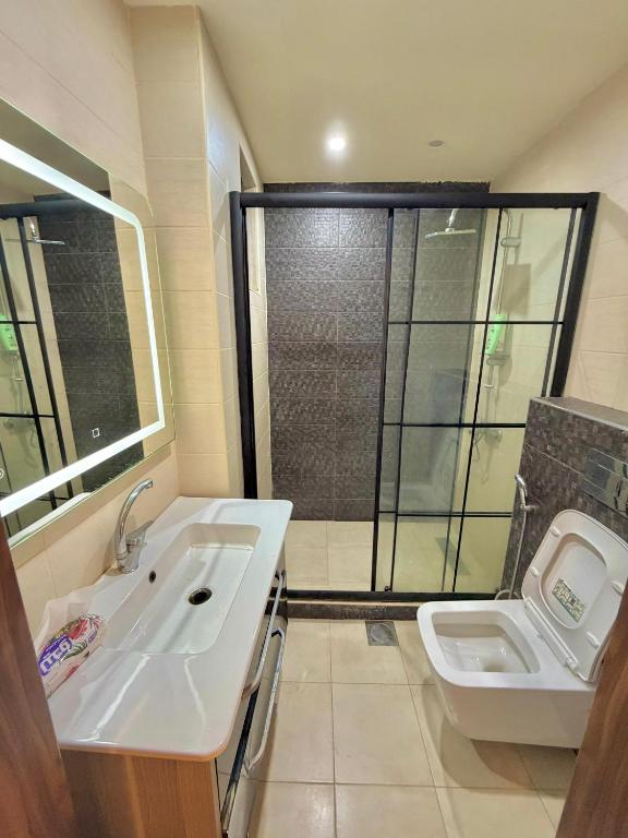 a bathroom with a sink and a toilet at La Gabbia Chalets in Al Kafrayn
