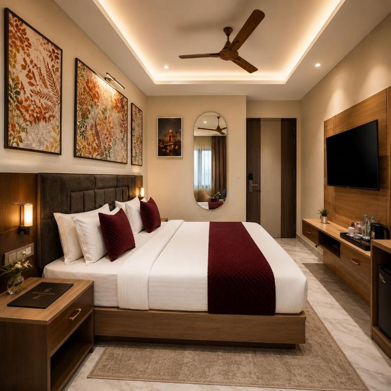 a bedroom with a large bed and a flat screen tv at Hotel Grand Kings Premium in New Delhi