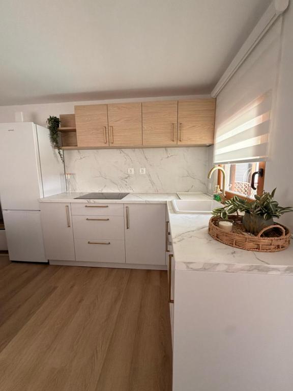 a kitchen with white counters and a white refrigerator at Panonska hiška - Panonian nest - vključeni 2 kopalni karti za Terme3000 in Moravske-Toplice