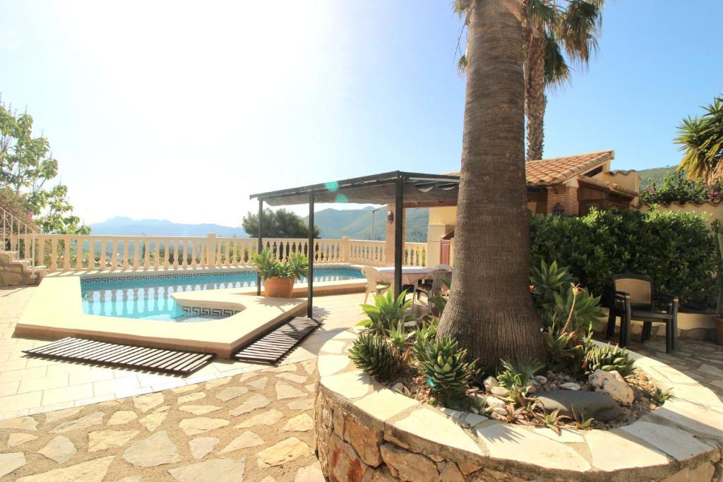a swimming pool with a palm tree in a yard at Oasis con piscina y jacuzzi para 4 in Adsubia