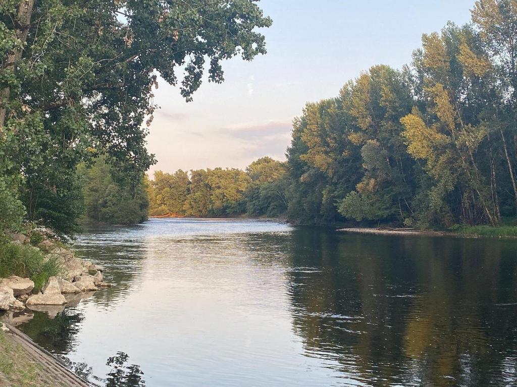 a view of a river with trees in the background at Camping Magali Plage in Liourdres