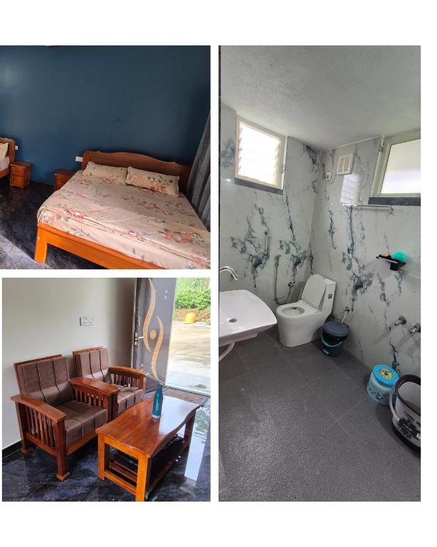 three pictures of a room with a bed and a toilet at Sapthagiri Streamways in Madikeri