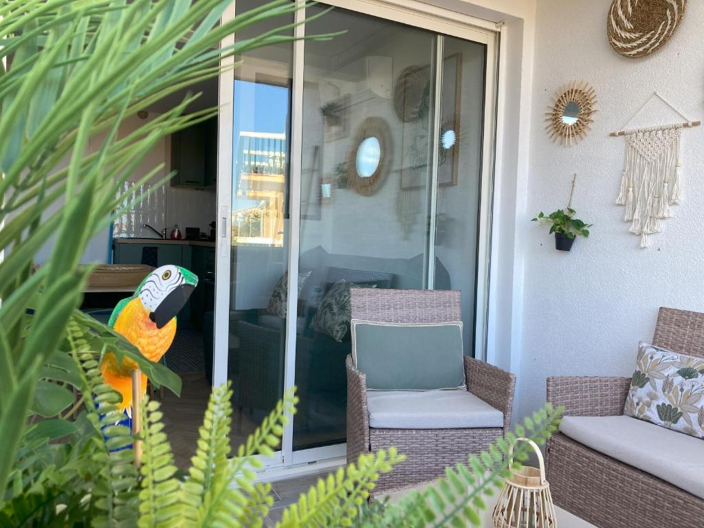 a patio with a couch and a chair on a porch at Tropical Duplex : Bord de mer + Piscine in Frontignan
