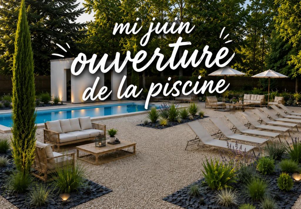 a patio with lounge chairs and a pool with the words my run experience die la at Logis Hôtel Le Parc de Geoffroy in Thiers