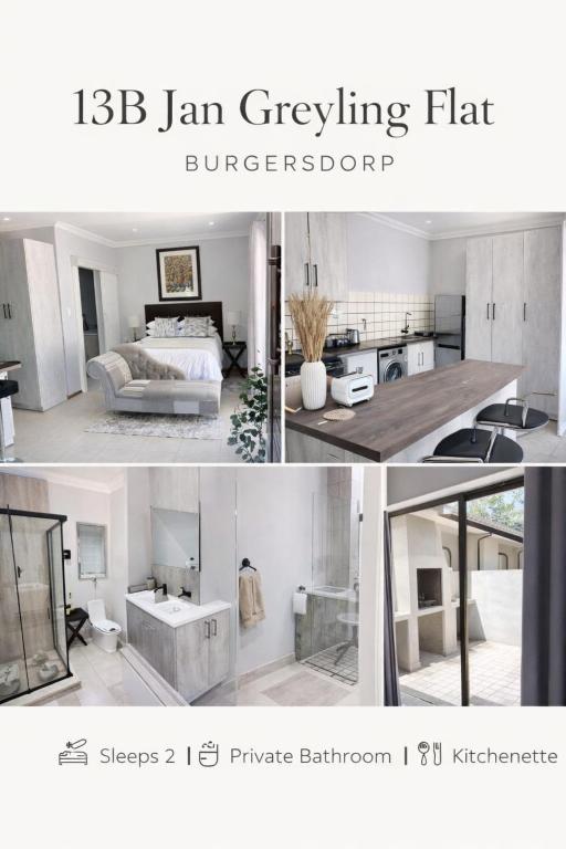 a collage of pictures of a bedroom and a bed at Modern & Stylish Bachelor Flat in Burgersdorp