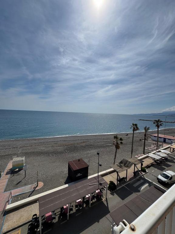 a view of a beach with palm trees and the ocean at Brisa azul in Torrenueva