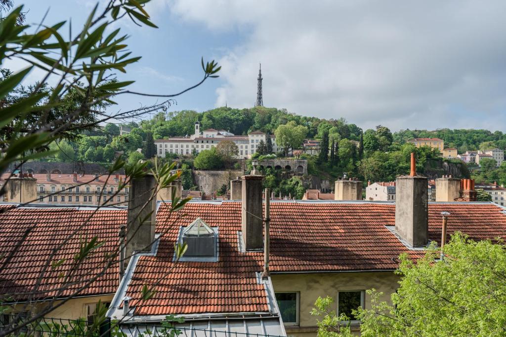 a view of the roofs of a city at Les Jardins Suspendus in Lyon