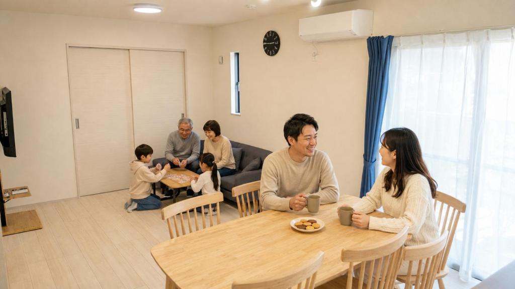 a family sitting around a table in a living room at 平宿 本山町ホテル in Kumamoto