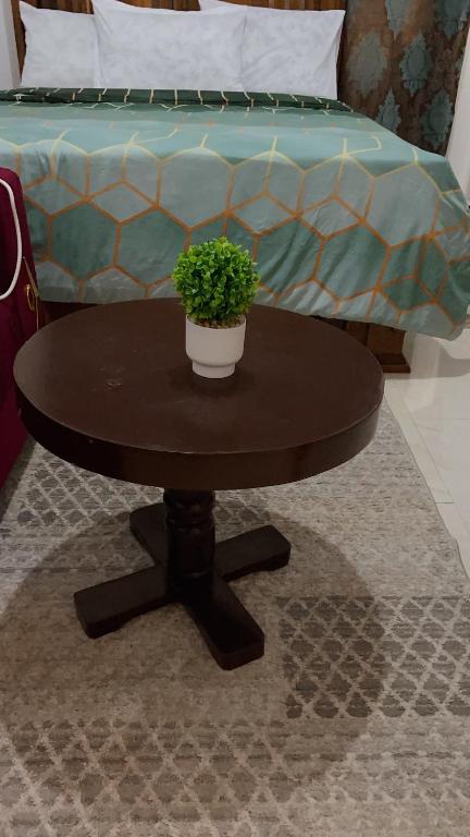 a table with a potted plant on it next to a bed at Osim bnb 2 in Arusha