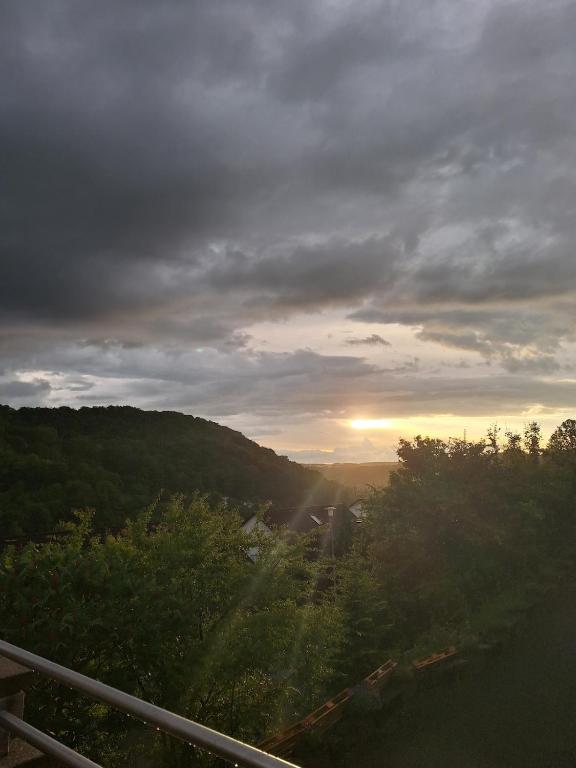 a view of the sun setting over a forest at Gemütliche 3-Zimmer-Wohnung mit Kupfertalblick in Forchtenberg