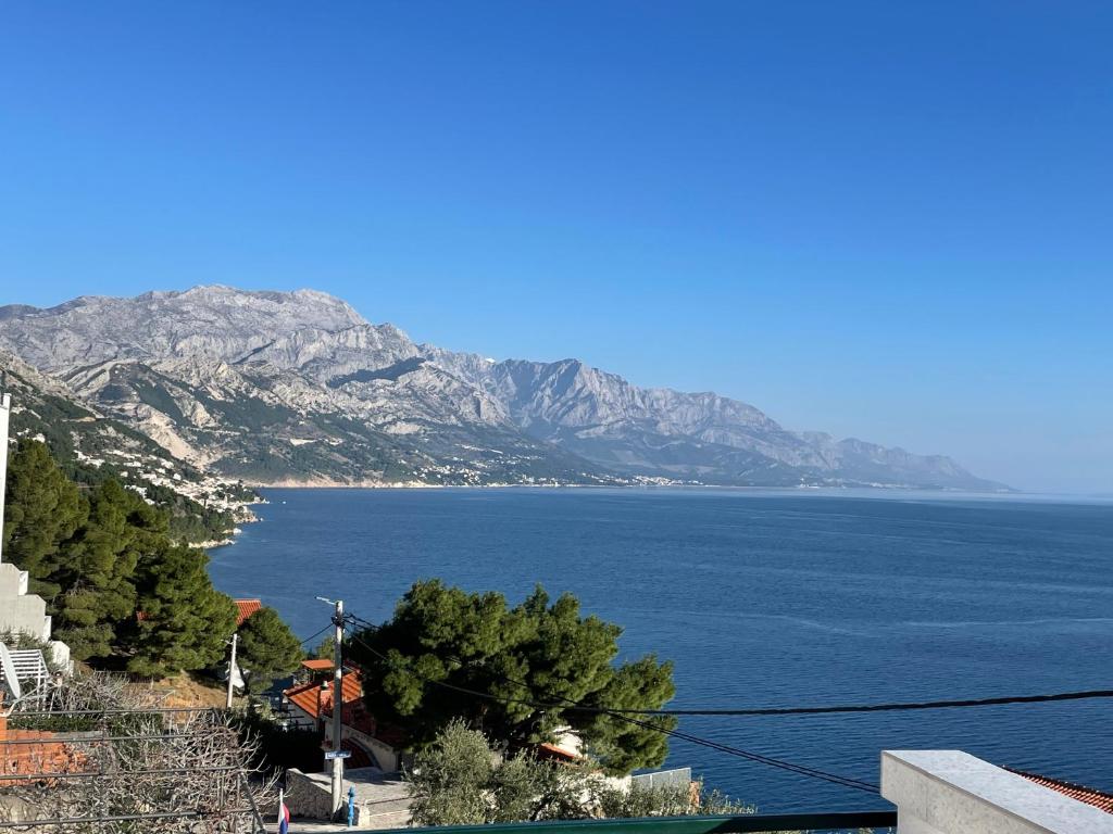 a view of a large body of water with mountains at Hostel & Private Rooms Dalmatia in Marusici 